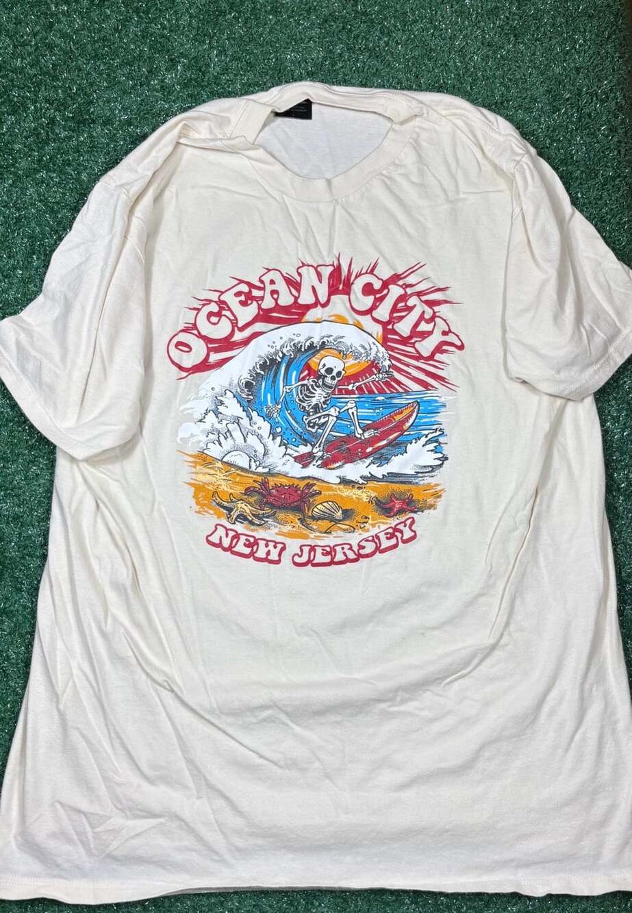 Prairie Mountain Ocean City New Jersey T-Shirt Size L White Skeleton Surfer